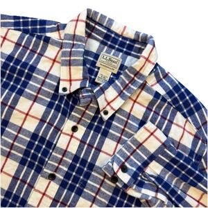 LL Bean Men's Traditional Fit Blue Red White Plaid Button Down Flannel Shirt XL
